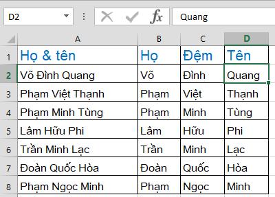 Kết quả Tách họ và tên bằng Flash Fill